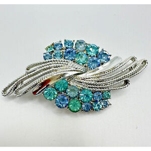 Coro Signed Blue Rhinestone Silver Tone Abstract Brooch Pin Vintage